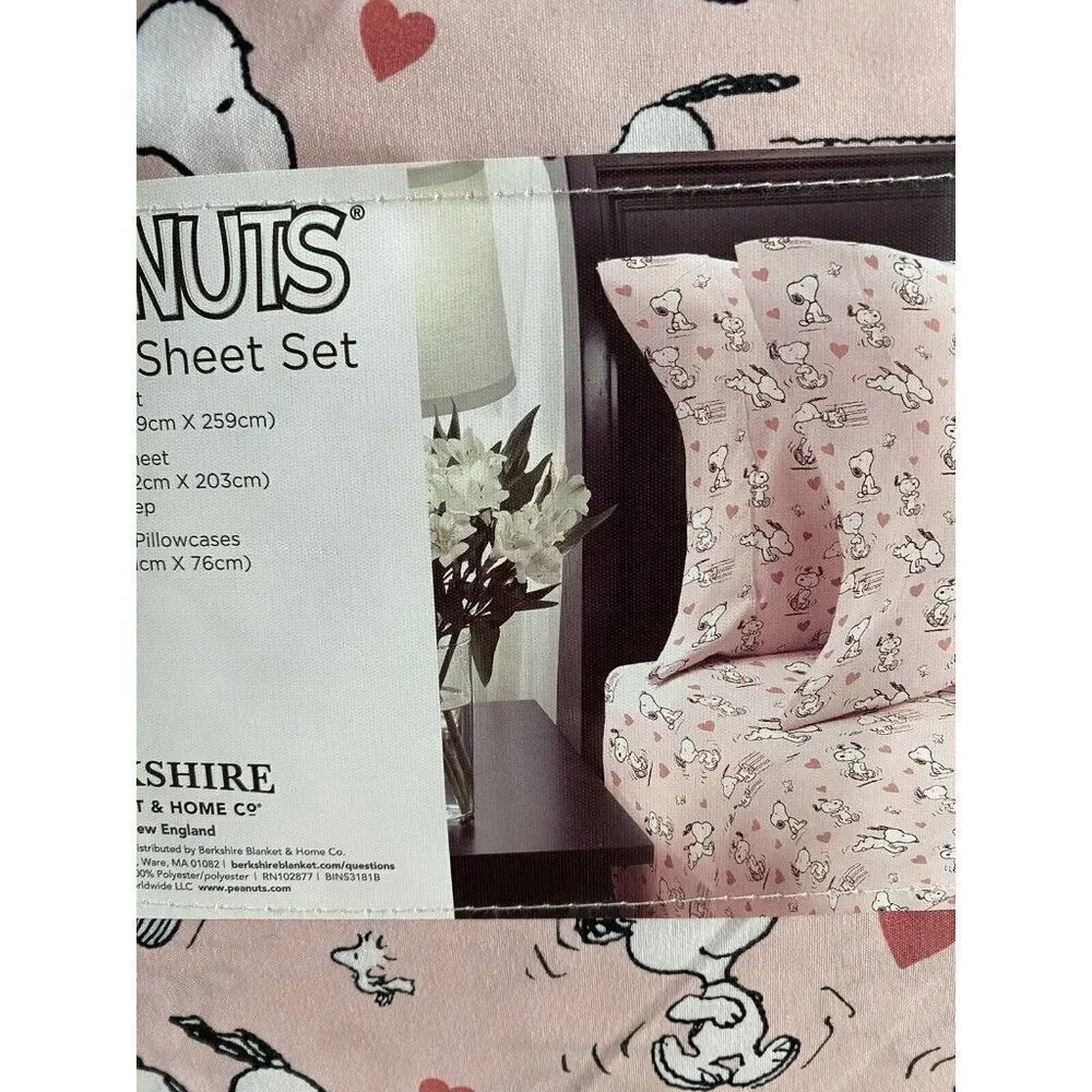 4 Pc Peanuts Snoopy Hearts Pink‎ Valentines Day QUEEN Size Sheet Set Soft NEW